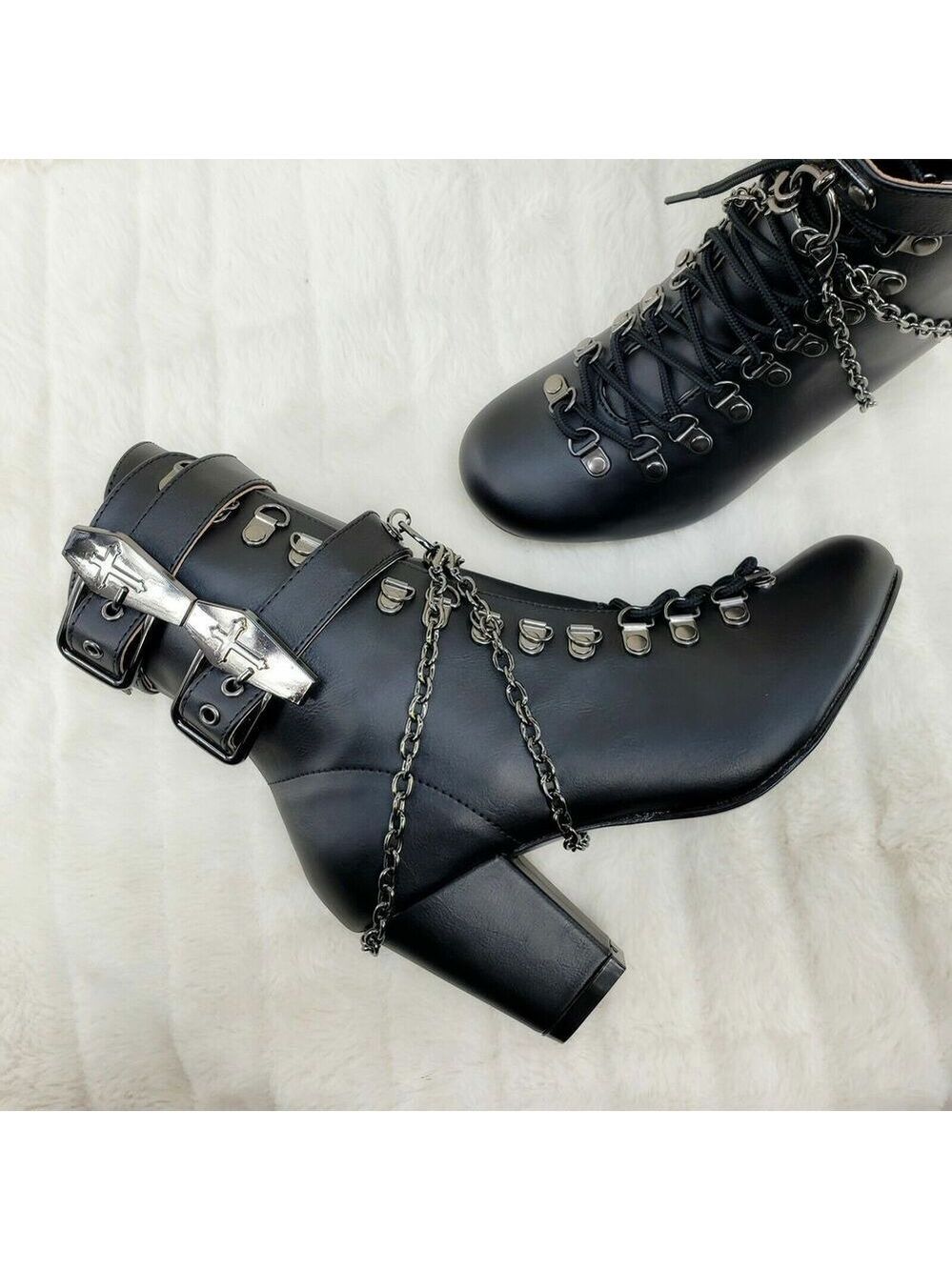 NIB DEMONIA Vivika Goth Granny Ankle Boots Coffin Straps & Chains Goth